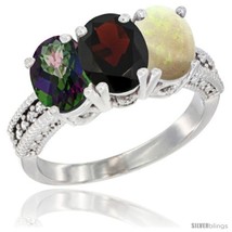 Size 9 - 10K White Gold Natural Mystic Topaz, Garnet &amp; Opal Ring 3-Stone Oval  - £437.44 GBP