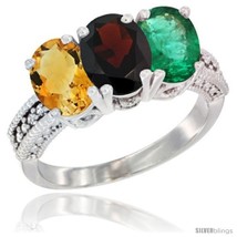 Size 8 - 10K White Gold Natural Citrine, Garnet &amp; Emerald Ring 3-Stone Oval 7x5  - £476.53 GBP