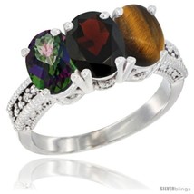 Size 6.5 - 10K White Gold Natural Mystic Topaz, Garnet &amp; Tiger Eye Ring 3-Stone  - £435.01 GBP