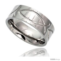 Size 9.5 - Surgical Steel Christian Fish Ring 8mm Ichthys Wedding Band  - £42.33 GBP