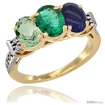 Size 8.5 - 10K Yellow Gold Natural Green Amethyst, Emerald &amp; Lapis Ring 3-Stone  - £454.32 GBP