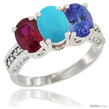 Size 9 - 10K White Gold Natural Ruby, Turquoise &amp; Tanzanite Ring 3-Stone Oval  - £477.24 GBP