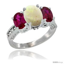 Size 6.5 - 10K White Gold Ladies Natural Opal Oval 3 Stone Ring with Ruby Sides  - £508.11 GBP