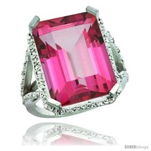 Size 7 - Sterling Silver Diamond Natural Pink Topaz Ring 14.96 ct Emerald Shape  - £401.63 GBP