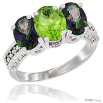 Size 9.5 - 10K White Gold Natural Peridot &amp; Mystic Topaz Sides Ring 3-Stone  - £445.04 GBP