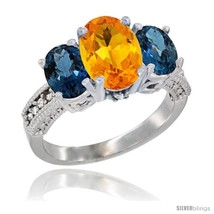 Size 9 - 10K White Gold Ladies Natural Citrine Oval 3 Stone Ring with London  - £502.00 GBP
