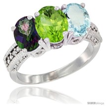 Size 8.5 - 10K White Gold Natural Mystic Topaz, Peridot &amp; Aquamarine Ring  - £470.18 GBP