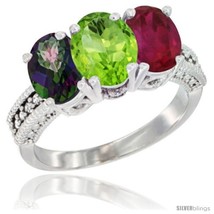 Size 8 - 10K White Gold Natural Mystic Topaz, Peridot &amp; Ruby Ring 3-Stone Oval  - £449.44 GBP