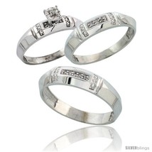 Size 6.5 - Sterling Silver 3-Piece Trio His (5.5mm) &amp; Hers (4mm) Diamond  - £120.65 GBP