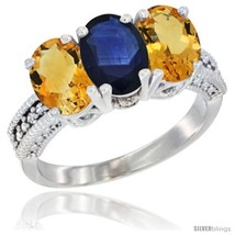 Size 8.5 - 10K White Gold Natural Blue Sapphire &amp; Citrine Sides Ring 3-Stone  - £485.80 GBP