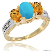 Size 7 - 14k Yellow Gold Ladies Oval Natural Turquoise 3-Stone Ring with Whisky  - £581.82 GBP
