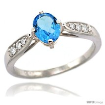 Size 5 - 14k White Gold Natural Swiss Blue Topaz Ring 7x5 Oval Shape Diamond  - £479.40 GBP