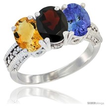 Size 9.5 - 10K White Gold Natural Citrine, Garnet &amp; Tanzanite Ring 3-Stone Oval  - £446.66 GBP