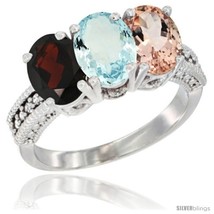 Size 6 - 14K White Gold Natural Garnet, Aquamarine &amp; Morganite Ring 3-Stone 7x5  - £622.00 GBP