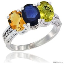 Gold natural citrine blue sapphire lemon quartz ring 3 stone oval 7x5 mm diamond accent thumb200