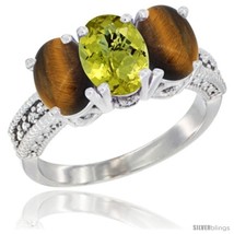 Size 5 - 14K White Gold Natural Lemon Quartz &amp; Tiger Eye Sides Ring 3-Stone 7x5  - £556.63 GBP