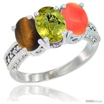 Size 6 - 14K White Gold Natural Tiger Eye, Lemon Quartz &amp; Coral Ring 3-Stone  - £561.01 GBP