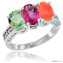 Te gold natural green amethyst pink topaz coral ring 3 stone 7x5 mm oval diamond accent thumb200