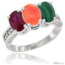 Size 6 - 10K White Gold Natural Ruby, Coral &amp; Malachite Ring 3-Stone Oval 7x5  - £430.68 GBP