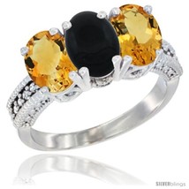 Size 9.5 - 10K White Gold Natural Black Onyx &amp; Citrine Sides Ring 3-Stone Oval  - £435.01 GBP