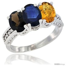 Size 5 - 14K White Gold Natural Smoky Topaz, Blue Sapphire &amp; Whisky Quartz Ring  - $772.46