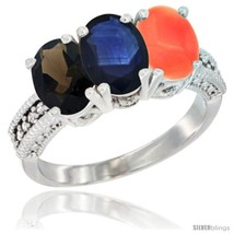 Size 5.5 - 14K White Gold Natural Smoky Topaz, Blue Sapphire &amp; Coral Ring  - $768.86