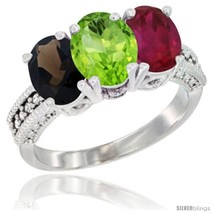 Size 6.5 - 14K White Gold Natural Smoky Topaz, Peridot &amp; Ruby Ring 3-Stone 7x5  - £587.09 GBP