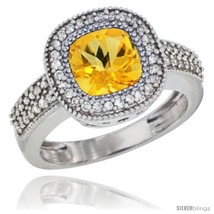 Size 7 - 10K White Gold Natural Citrine Ring Cushion-cut 7x7 Stone Diamond  - £694.59 GBP