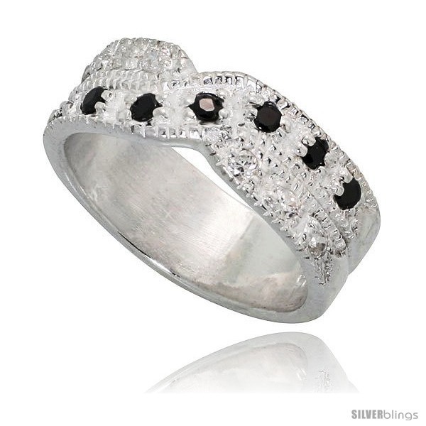 Size 8 - Sterling Silver Crisscross Ring, High Quality Black & White CZ Stones,  - £24.52 GBP