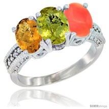 Size 9.5 - 14K White Gold Natural Whisky Quartz, Lemon Quartz Ring with Coral  - £531.59 GBP