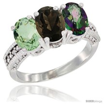 Size 9 - 14K White Gold Natural Green Amethyst, Smoky Topaz &amp; Mystic Topaz Ring  - £579.48 GBP