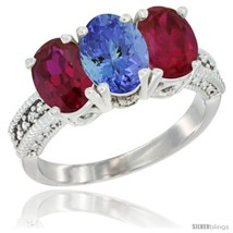 Size 10 - 10K White Gold Natural Tanzanite &amp; Ruby Ring 3-Stone Oval 7x5 mm  - £478.20 GBP