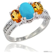 Size 5.5 - 10K White Gold Ladies Oval Natural Turquoise 3-Stone Ring with  - £449.81 GBP