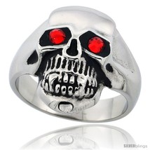 Size 11 - Surgical Steel Biker Skull Ring Red CZ Eyes 13/16  - £24.41 GBP