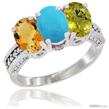 Size 5 - 10K White Gold Natural Citrine, Turquoise &amp; Lemon Quartz Ring 3-Stone  - £429.20 GBP