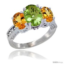 Size 9 - 10K White Gold Ladies Natural Peridot Oval 3 Stone Ring with Citrine  - £501.66 GBP