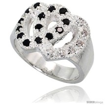 Size 7 - Sterling Silver Double Heart Ring, High Quality Black & White CZ  - £28.39 GBP