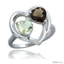 Size 5 - 14k White Gold 2-Stone Heart Ring 6mm Natural Green Amethyst &amp; Smoky  - £371.85 GBP