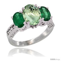 Size 8.5 - 10K White Gold Ladies Natural Green Amethyst Oval 3 Stone Ring with  - $706.26