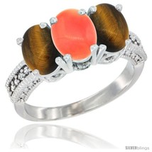 Size 7.5 - 14K White Gold Natural Coral &amp; Tiger Eye Sides Ring 3-Stone 7x5 mm  - £555.58 GBP