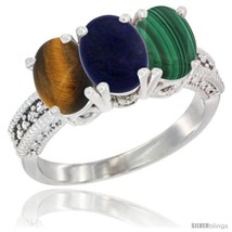 Size 7 - 14K White Gold Natural Tiger Eye, Lapis &amp; Malachite Ring 3-Stone 7x5  - $687.53