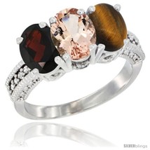 Size 5.5 - 14K White Gold Natural Garnet, Morganite &amp; Tiger Eye Ring 3-Stone  - $734.25