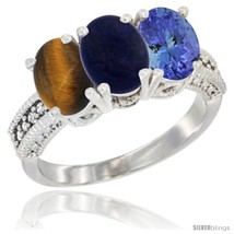 Size 9 - 14K White Gold Natural Tiger Eye, Lapis &amp; Tanzanite Ring 3-Stone 7x5  - £585.91 GBP