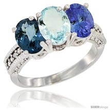 Size 5 - 10K White Gold Natural London Blue Topaz, Aquamarine &amp; Tanzanite Ring  - £505.66 GBP