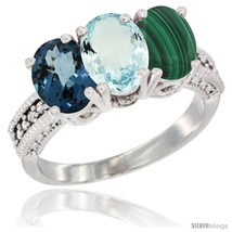 Size 9 - 10K White Gold Natural London Blue Topaz, Aquamarine &amp; Malachite Ring  - £463.03 GBP