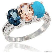 Size 7 - 10K White Gold Natural London Blue Topaz, Morganite &amp; Turquoise Ring  - £450.97 GBP