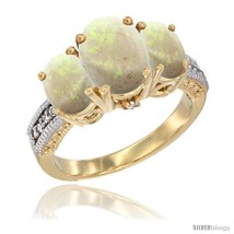 Size 10 - 14K Yellow Gold Ladies 3-Stone Oval Natural Opal Ring Diamond  - £639.86 GBP