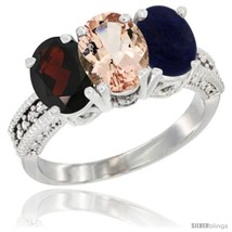 Size 6 - 14K White Gold Natural Garnet, Morganite &amp; Lapis Ring 3-Stone 7x5 mm  - £586.92 GBP