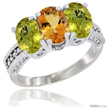 Size 8 - 14K White Gold Natural Citrine Ring with Lemon Quartz 3-Stone 7x5 mm  - £573.84 GBP