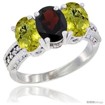 Size 7.5 - 14K White Gold Natural Garnet Ring with Lemon Quartz 3-Stone 7x5 mm  - £567.24 GBP